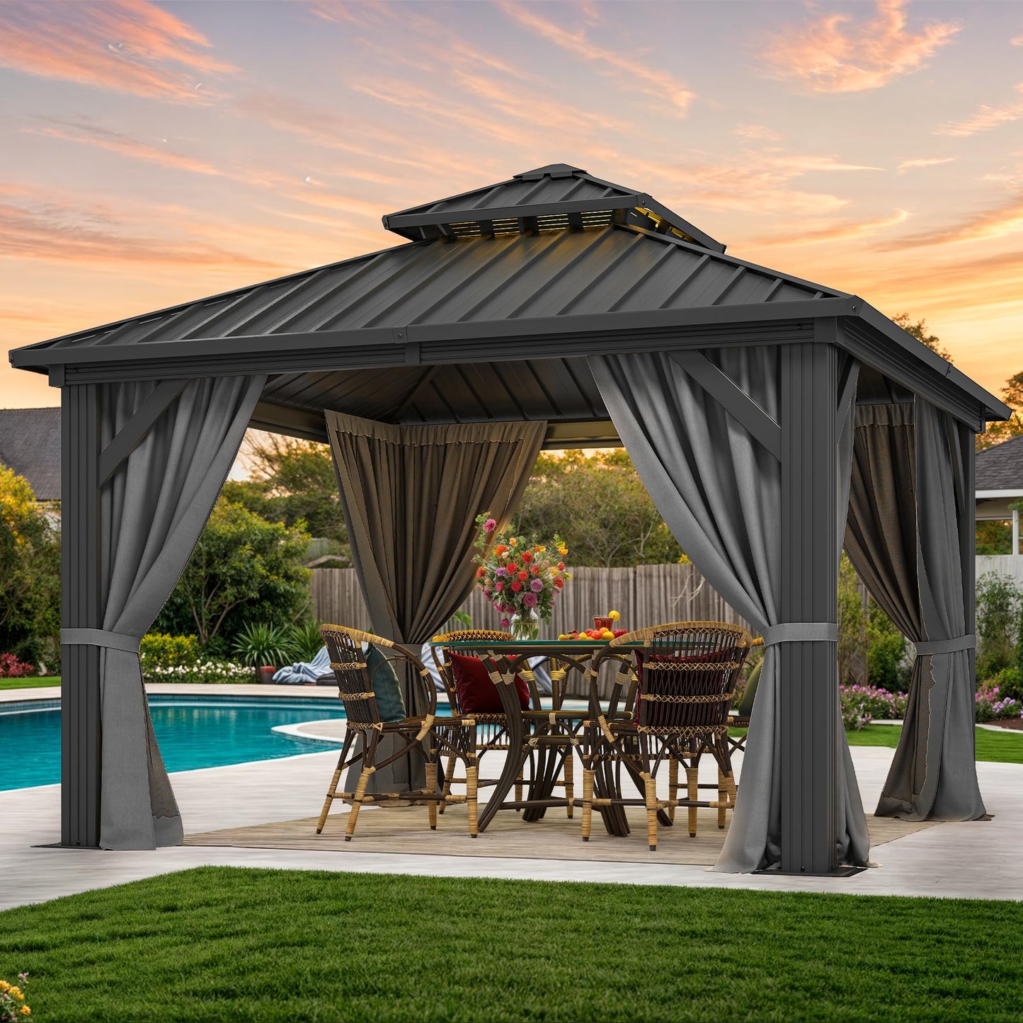 DWVO 10x10ft Hardtop Gazebo Double Roof Hardtop with Nettings and Curtains, Heavy Duty Aluminum Frame Galvanized Steel Outdoor for Patio, Backyard, Deck, Lawns, Grey