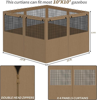 aonear Gazebo Privacy Curtains 10' x 10' with Mosquito Windows, 4-Panels Side Wall with Zipper Universal Replacement for Patio, Outdoor Canopy, Garden and Backyard, Khaki (Curtain Only)