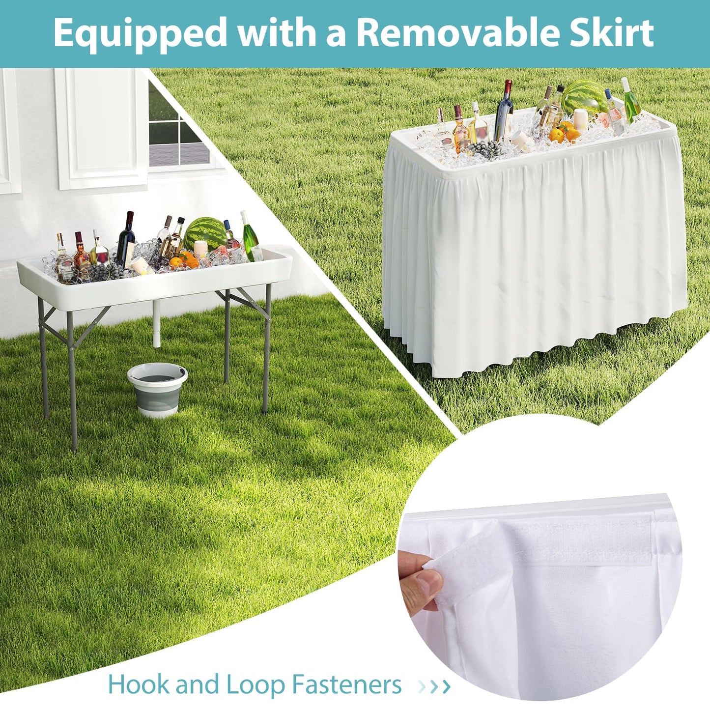 Giantex Folding Ice Cooler Table, 46'' Outdoor Chill Bar Table with Drain, Foldable Bucket & Removable Matching Skirt, for Events, Party, Camping, Buffet Beverage Server, White