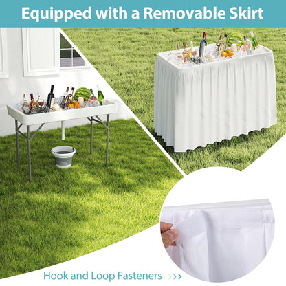 Giantex Folding Ice Cooler Table, 46'' Outdoor Chill Bar Table with Drain, Foldable Bucket & Removable Matching Skirt, for Events, Party, Camping, Buffet Beverage Server, White