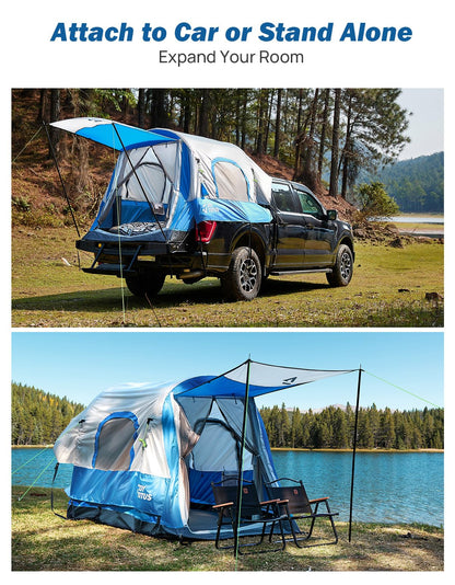 JOYTUTUS Inflatable Truck Bed Tent 6.5FT with Awning, Includes Air Pump for Quick 30 S Setup, Dual-use Pickup or Camping Tent for 2 Person, Waterproof Roof Shade and 3 Windows, Gray Blue