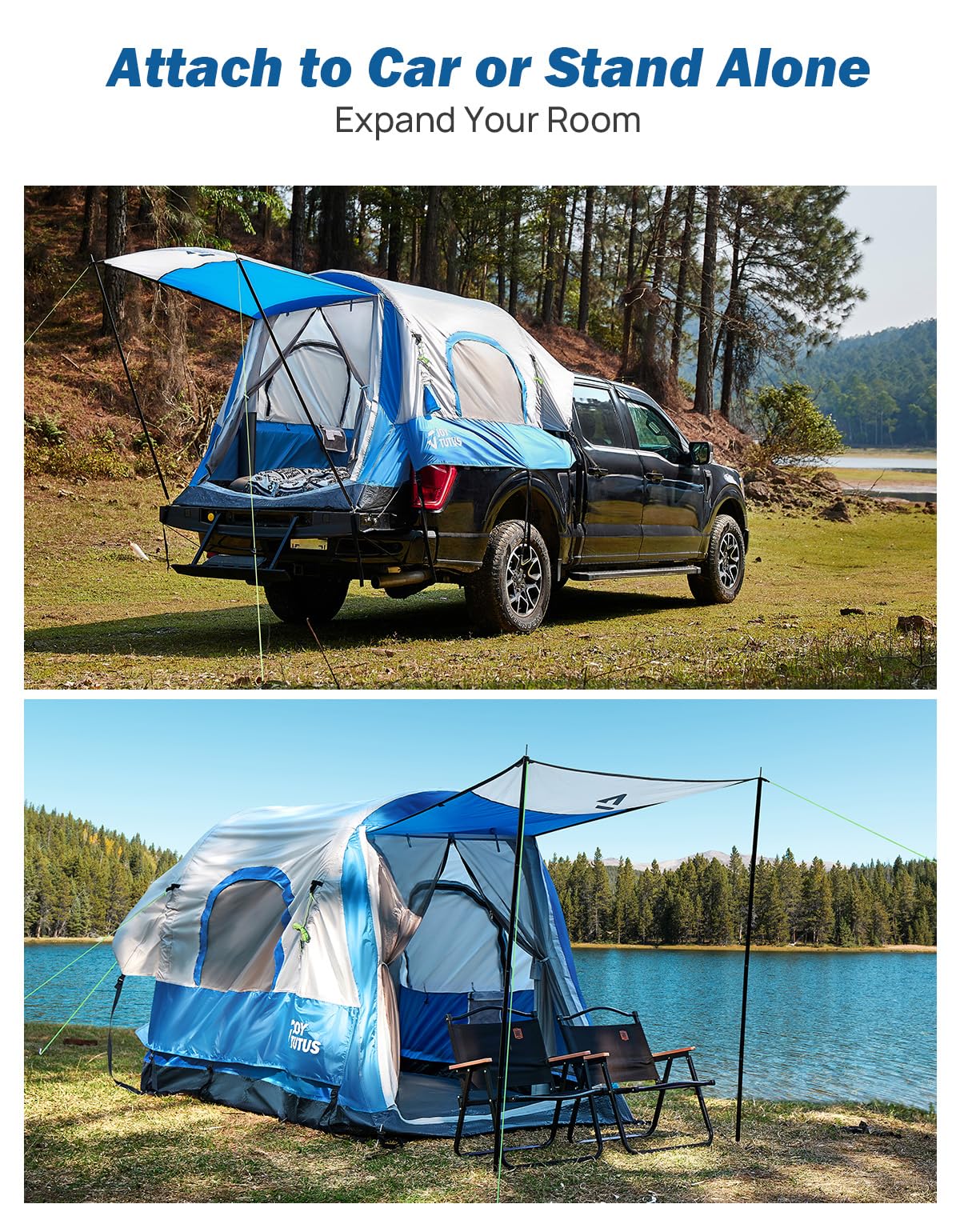 JOYTUTUS Inflatable Truck Bed Tent 5.5FT with Awning, Includes Air Pump for Quick 30 S Setup, Dual-use Pickup or Camping Tent for 2 Person, Waterproof Roof Shade and 3 Windows, Gray Blue