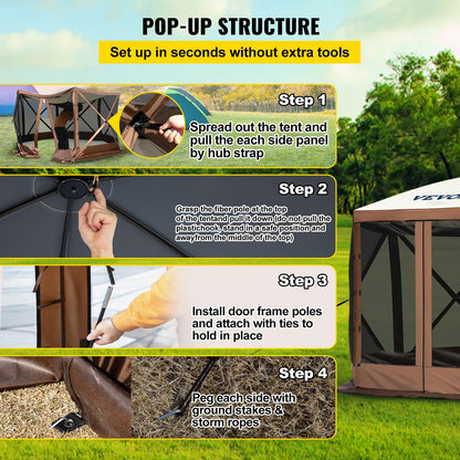 VEVOR Pop Up Gazebo Screen Tent, Pop-Up Instant Gazebo Tents with Mosquito Netting Outdoor Canopy, 6 Sided Sun Shelter 10x10ft with 6 Removable Wind Cloths & 2 Mesh Windows, Pavilion Tent for Patio