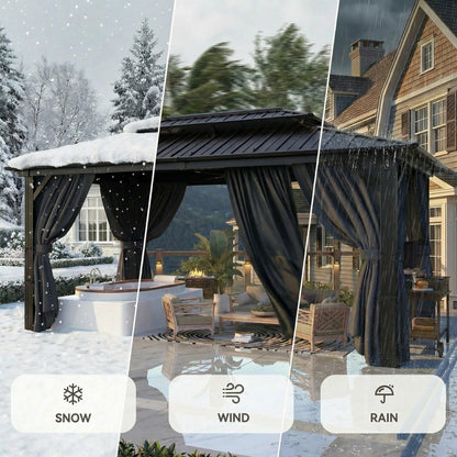 HOTEEL 10x15 Hardtop Gazebo On Clearance with Galvanized Steel Double Roof,Heavy Duty Gazebo with Flame-Retardant Curtain & Netting, Permanent Pavilion Outdoor for Patio, Frame Thickened, Black