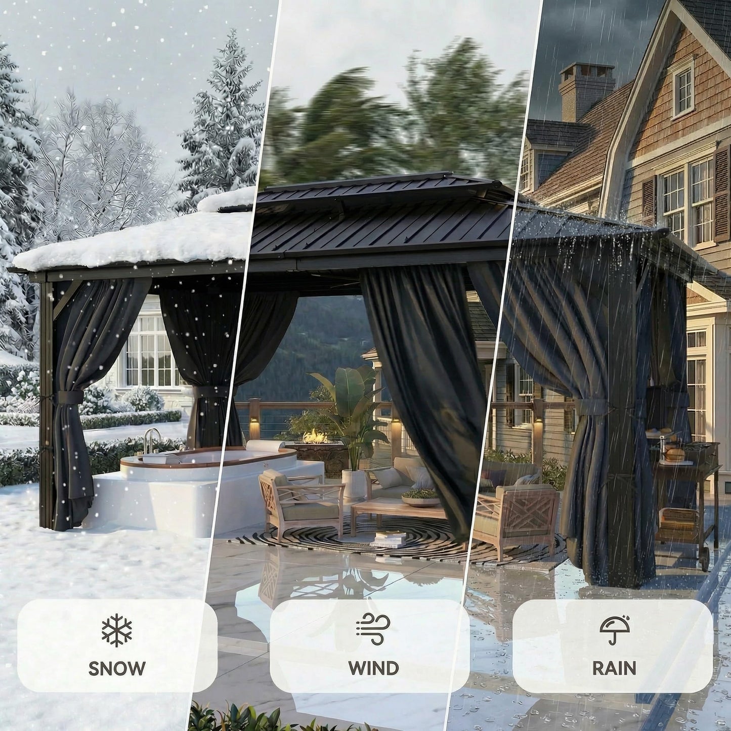 HOTEEL 10x15 Hardtop Gazebo with Flame-Retardant Curtain & Netting, Hot Tub Gazebo with Galvanized Steel Double Roof, Heavy Duty Permanent Pavilion Outdoor for Patio, Frame Thickened, Black(Upgraded)