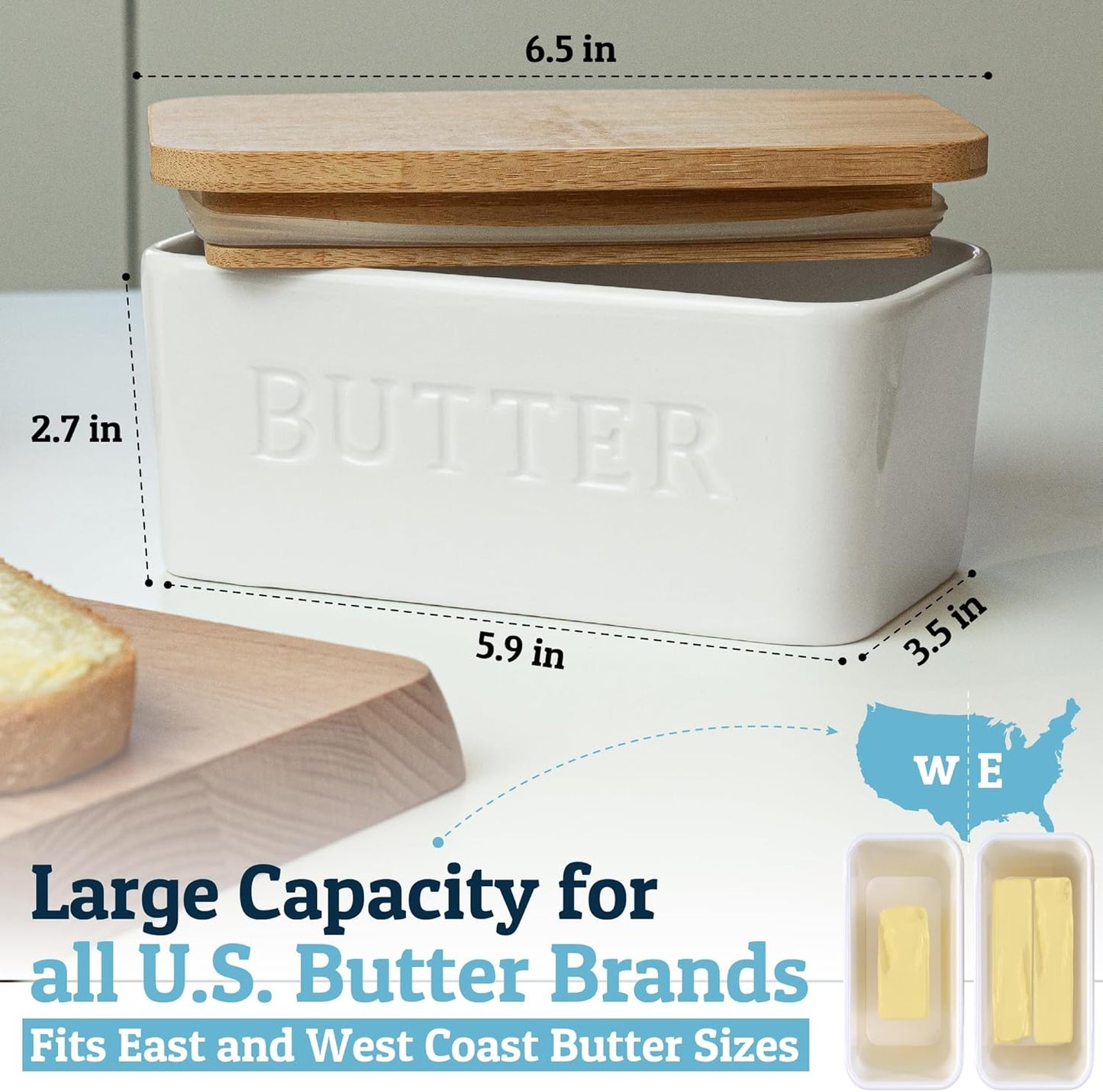 PriorityChef Extra Large Butter Dish - Ceramic Airtight Butter Keeper with Lid | White Countertop Storage