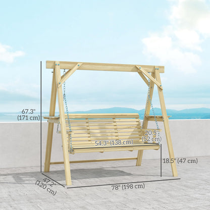 Outsunny 3 Seat Porch Swing with Stand, Wooden Patio Swing Chair with Side Tables and Metal Chains, Outdoor Swing Bench for Garden, Poolside, Backyard, Natural Wood