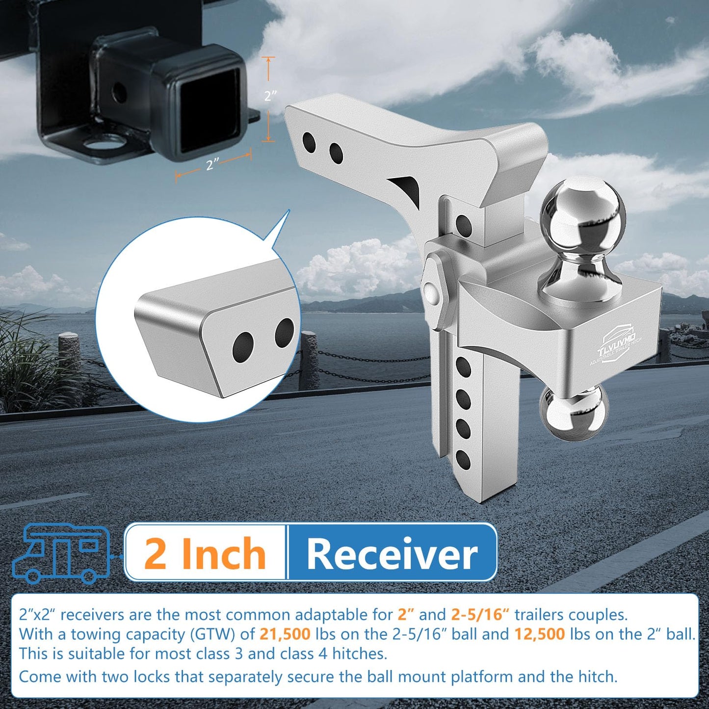 Tlvuvmo Drop Hitch -8 Inch Adjustable Trailer Hitch (Fits 2-Inch Receiver), 21,500 LBS GTW Heavy Duty Truck Hitch, Aluminum Tow Hitches, (2'' & 2-5/16'') Chrome Steel Tow Balls & 2 Anti-Theft Locks