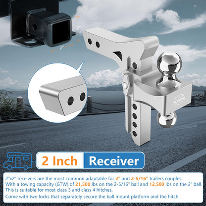 Tlvuvmo Drop Hitch -8 Inch Adjustable Trailer Hitch (Fits 2-Inch Receiver), 21,500 LBS GTW Heavy Duty Truck Hitch, Aluminum Tow Hitches, (2'' & 2-5/16'') Chrome Steel Tow Balls & 2 Anti-Theft Locks