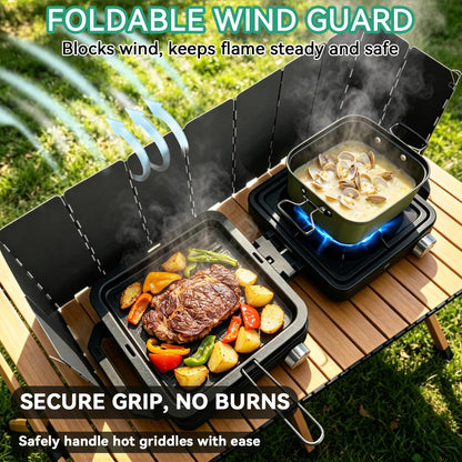 2 Burner Camping Stove 24000 BTU, Portable Propane Camp Stove Set with Frying Pan and Pot, Wind Shield, Griddle, Adjustable Dual Gas Stoves Camping Cooking Kit For RV, Tailgating, Survival, Black