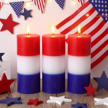 Conelist 3 Pcs Red White and Blue Wax Candle 4th of July Unscented Dripless Pillar Patriotic Candles Smokeless Independence Day American Gifts for Dinner Party Decoration(Red Blue White,2 Inch)