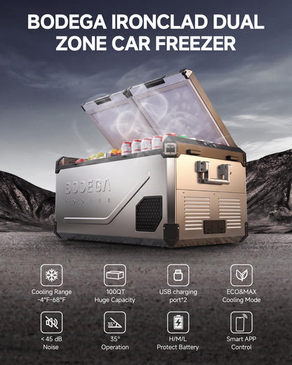BODEGA 12 Volt Car Refrigerator, 100Quart (95L) Dual Zone Car Fridge APP Control, Portable Freezer, -4℉-68℉ RV Electric Cooler 12/24V DC &100-240V AC for Outdoor, Camping, Travel