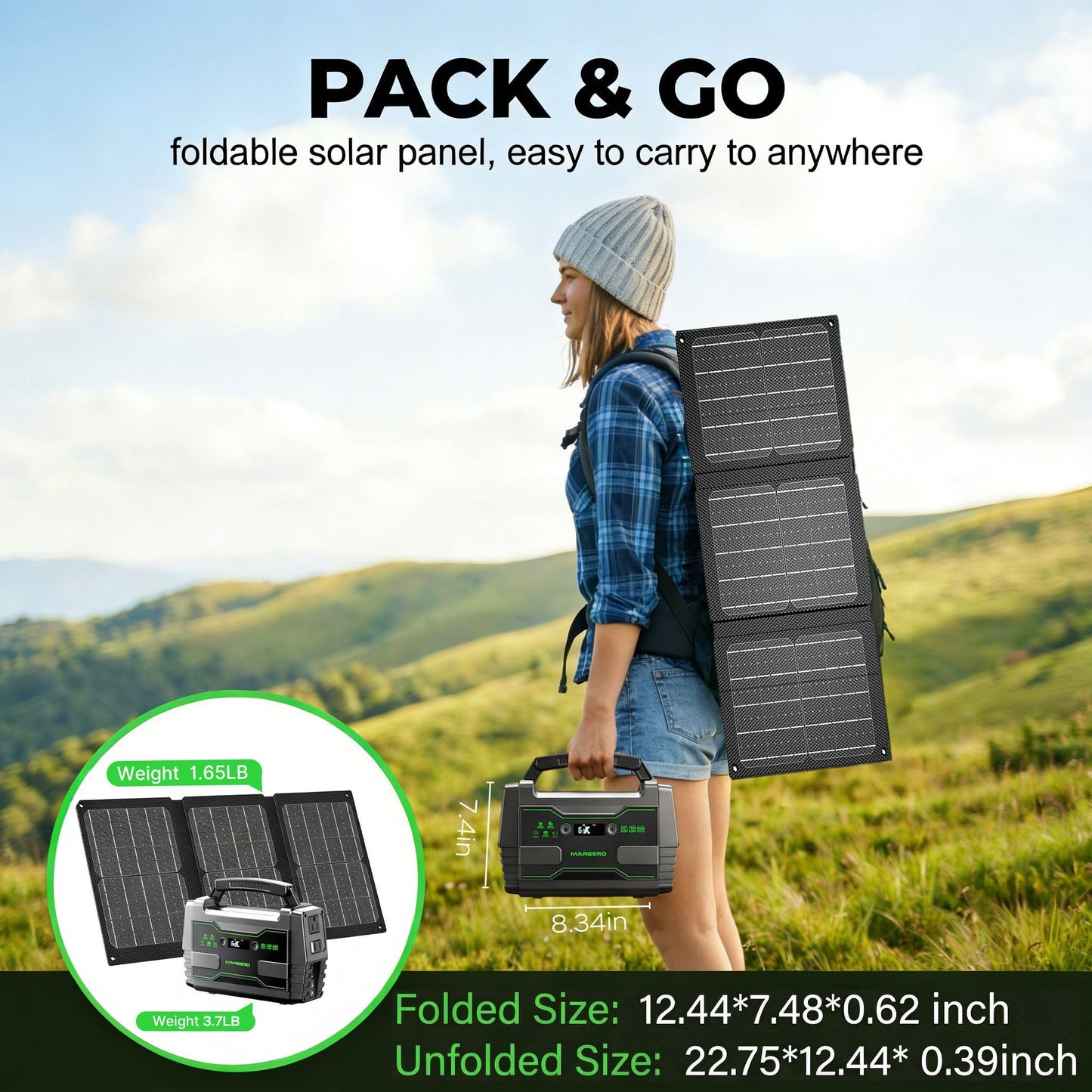 MARBERO Solar Generator 155Wh with 30W Solar Panel Portable Power Station with 2x 100W AC Outlets(Peak 150W), QC3.0 USB UL Certified for Home Blackout, Camping, RV Travel, Ultra-Light & Silent Fan