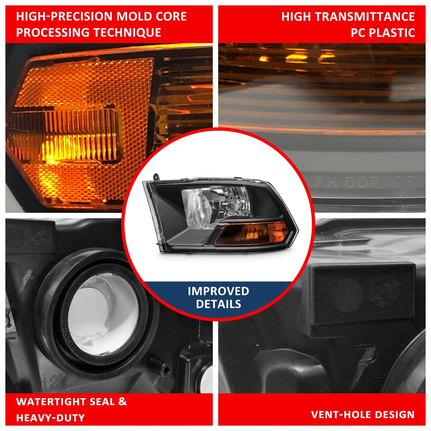 ADCARLIGHTS For 2009-2012 Dodge Ram 1500 2500 3500 Pickup Dual Cab Trims Headlights Black Housing Amber Reflector Driver and Passenger Side(Not fit Quad Models) Pair（W/O Bulbs）