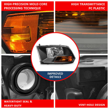 ADCARLIGHTS For 2009-2012 Dodge Ram 1500 2500 3500 Pickup Dual Cab Trims Headlights Black Housing Amber Reflector Driver and Passenger Side(Not fit Quad Models) Pair（W/O Bulbs）