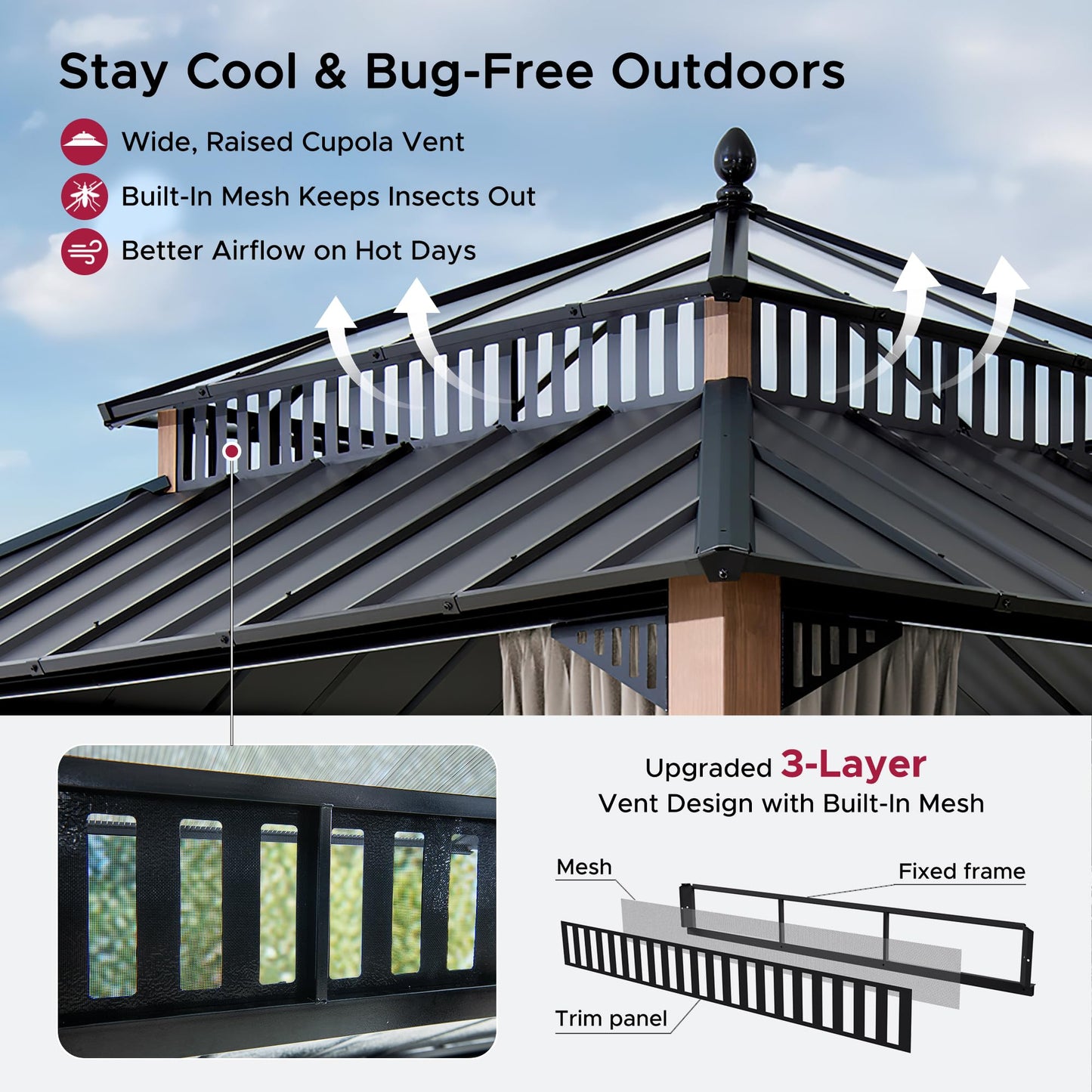 SUNJOY Kingston 12' x 12' Hardtop Gazebo with Galvanized Steel/Polycarbonate Double Roof, Curtain and Netting, Woodgrain Finish Aluminum Posts Permanent Pavilion Gazebo for Garden, Patio, Deck, Lawn