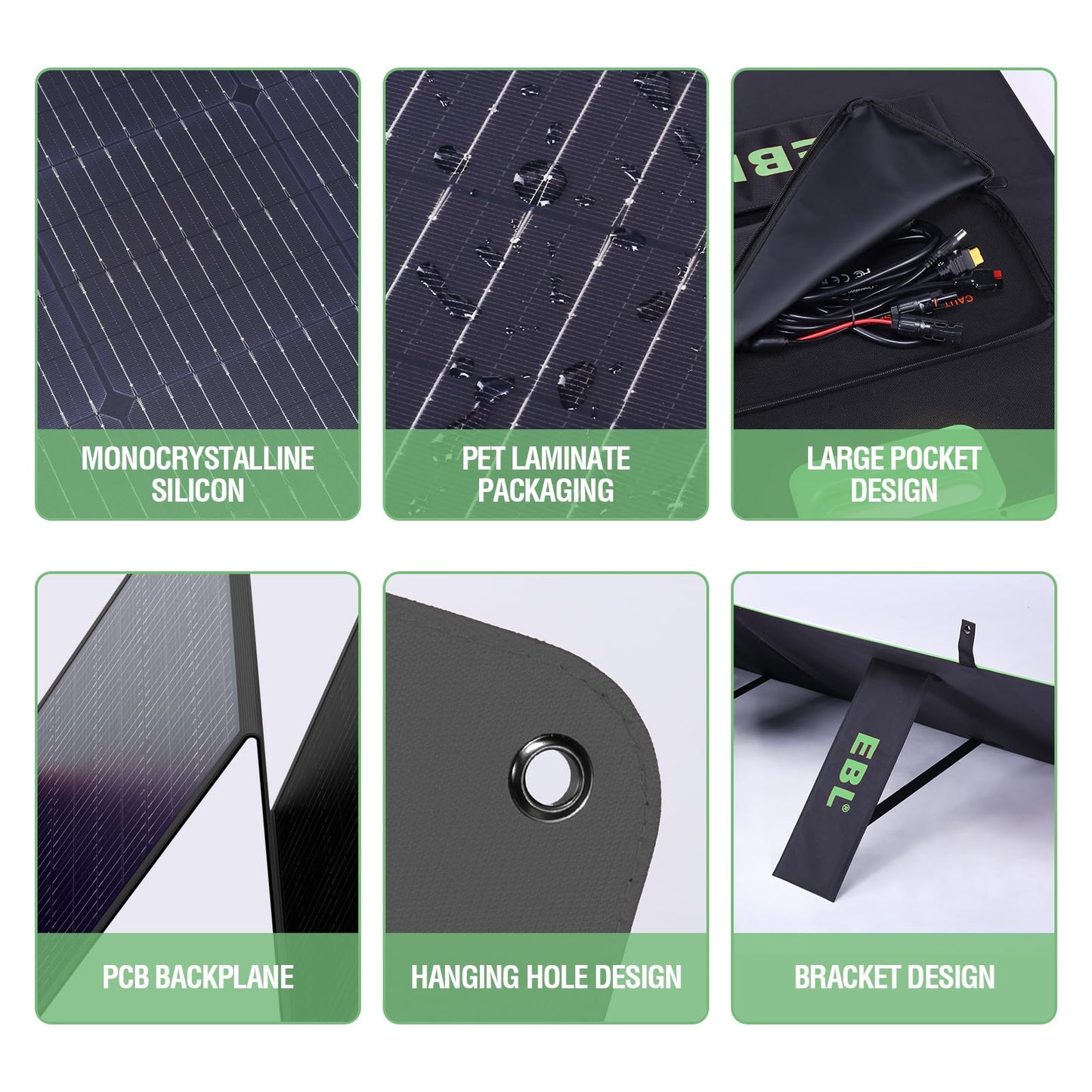 EBL 200W Portable Solar Panel High Efficiency Solar Power Panel for Home, RV, Camping, Marine, Off-Grid Applications, Weatherproof Solar Charging Solution