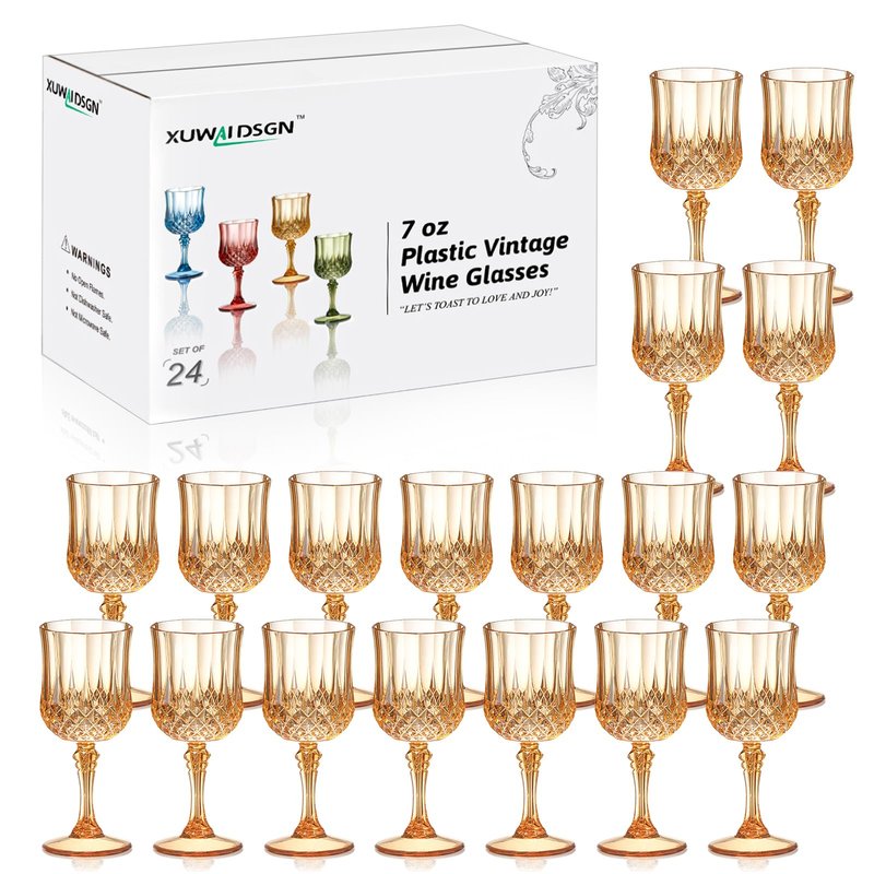 XUWAIDSGN 24 Pcs 7oz Plastic Vintage Wine Glasses Drinking Glasses Unbreakable Wedding Glassware Crystal Water Goblets Reusable Drinkware Vintage Champagne Flutes (24, Amber)