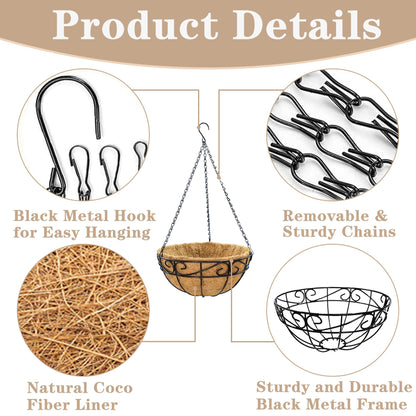 EIMQUVW Outdoor Metal Hanging Planters Basket (4pack, 14 inch) Hanging Baskets for Plants Chain Round Wire Plant Holder with Coco Fiber Liners for Garden, Patio, Deck, Porch(Flower Border)