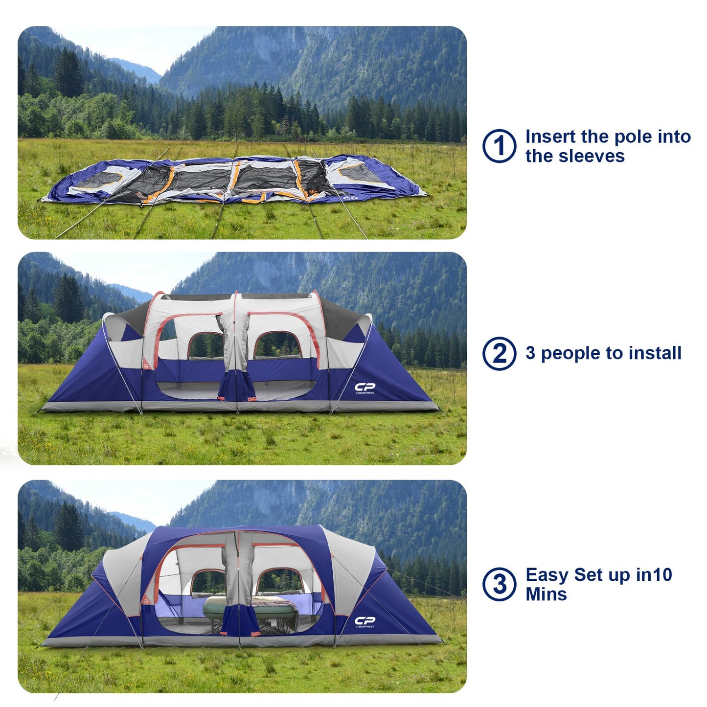 CAMPROS CP Tent 12-Person-Camping-Tents,3 Room Family Tents,Waterproof Windproof Family Tent with Top Rainfly,6 Large Mesh Windows,Double Layer,Easy Set Up, Portable with Carry Bag-20' x 9' x 72"(H)