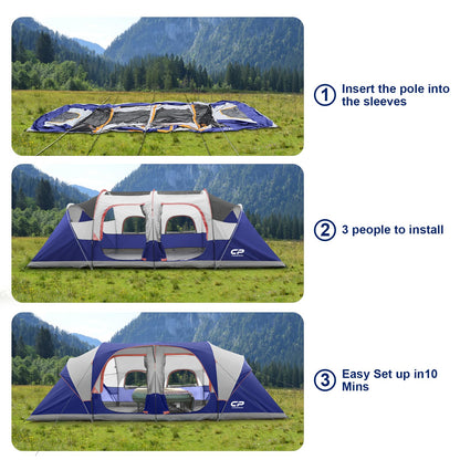CAMPROS CP Tent 12-Person-Camping-Tents,3 Room Family Tents,Waterproof Windproof Family Tent with Top Rainfly,6 Large Mesh Windows,Double Layer,Easy Set Up, Portable with Carry Bag-20' x 9' x 72"(H)