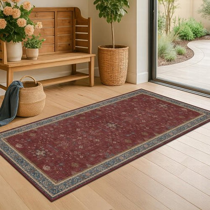 Hazo Haus Burgundy Washable Entry Rug - Non-Slip Low Pile, Stain & Fade Resistant | Modern Floral Design