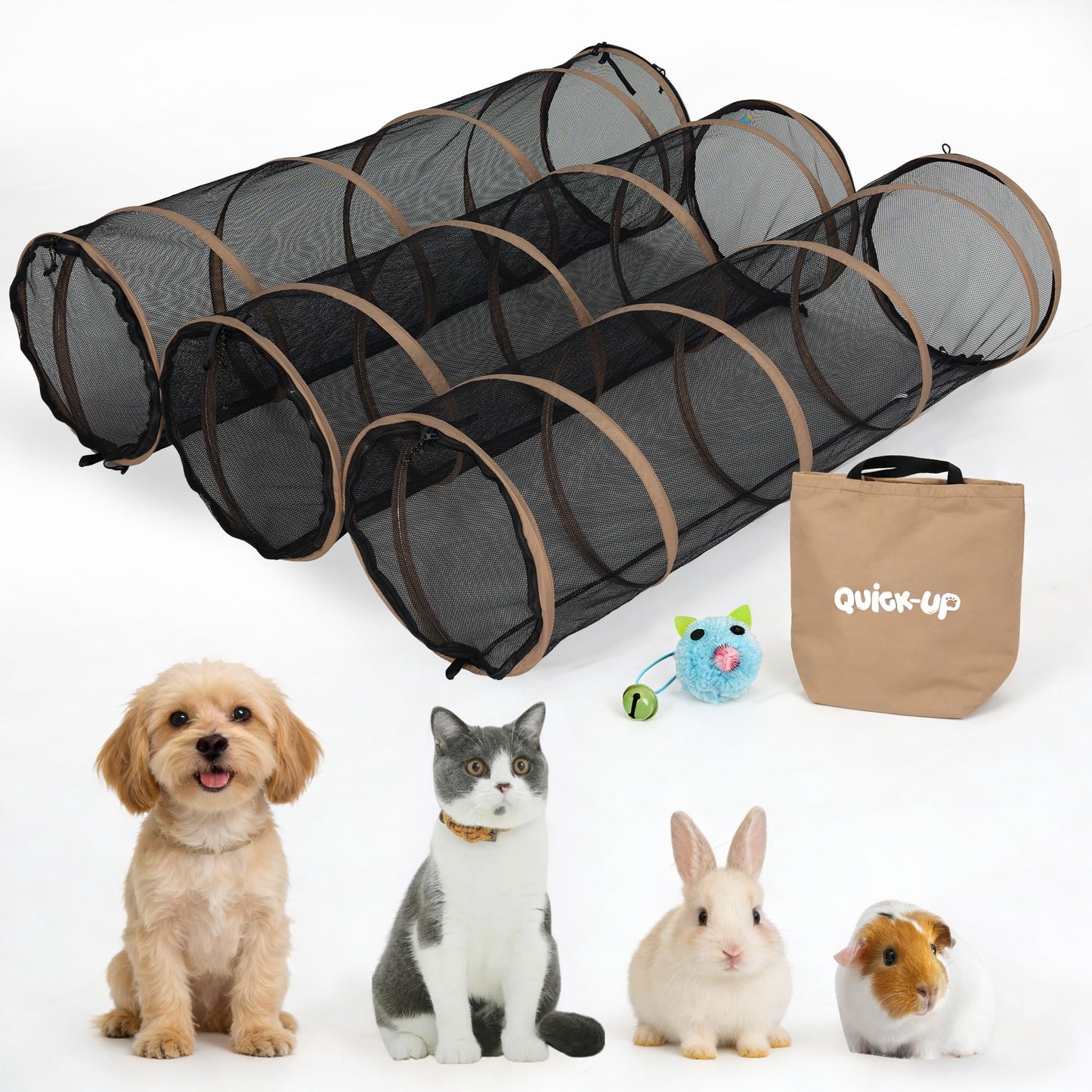 Cat Play Tunnel-3 Packs for Indoor and Outdoor,Pet Tunnel,Cat Enclosure, Easy to Connect with Two Zipper Doors,Product Size 59'' x 18'',Tan Trim (3 Tunnels)