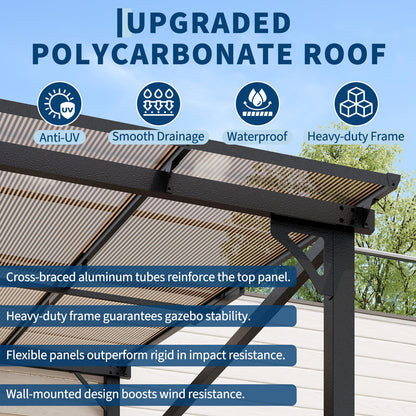 Garvee 10x10 ft Outdoor Lean to Gazebo, Wall Mounted Patio Hardtop Gazebo Pergola with Polycarbonate Roof, Upgraded Steel Frame Hardtop Pavilion for Patio, Garden, Lawn, Deck