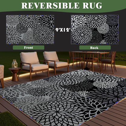 YONILE Outdoor Rug 9x12 ft with LED Light, Waterproof Reversible Outdoor Plastic Straw Rug for Patios Clearance, Large Outdoor Area Rug Carpet RV Mat for Camping Backyard Deck Porch Beach