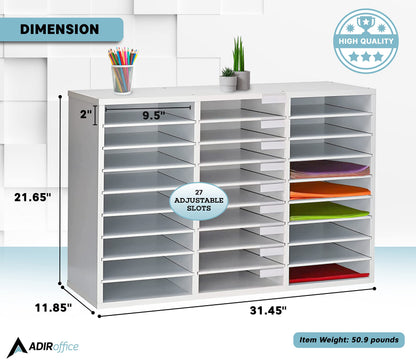 AdirOffice Classroom Mailbox - Wooden Literature Organizer, Construction Paper Storage Organizer, Mail Sorter with Slots, Office Mailboxes with Removable Shelf (27 Slot, White)