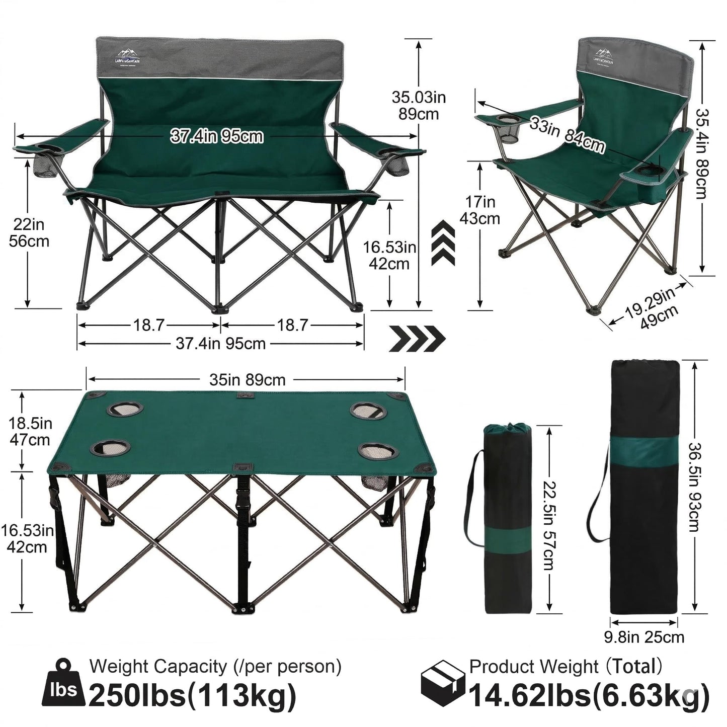 LANMOUNTAIN Oversized 4 Pcs Camping Chair Set with Table,Outdoor Folding Heavy Duty Lawn Chair,Cup Holder,Portable,Loveseat Chair Perfect for Family Hiking,Picnics and Beach Trips,Dark Green
