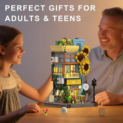 Sunflower House Building Set with LED Light 3-Story Japanese Street View House Blocks 1580PCS Creator Architecture Model Building Kit Home Office Decor Gift for Adults