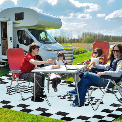 EEZ RV Products 9ft x 18ft Heavy Duty Reversible/Durable Outdoor Patio/RVing Camping Mats Come with Large Storage Bag & 6 Sets of Stakes and Washer, Black & White Checker Flag