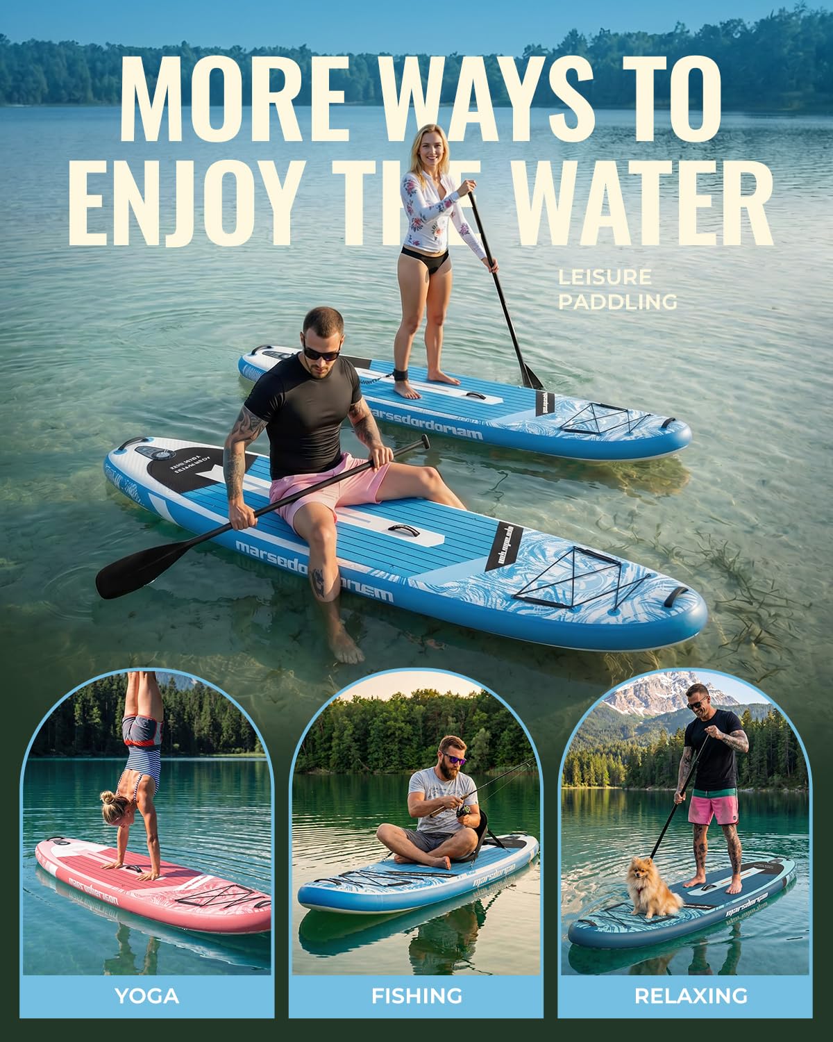 Marsdorgan 11'x34 Inflatable Paddle Board for Adults Youth, Extra Wide 430LBS Capacity SUP, Stable 2-3 Person Family for Lake Ocean Fishing, Complete Kit w/Pump & Backpack, Ice Blue