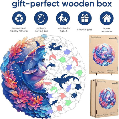 Qiuenisray Wooden Puzzles for Adults Dolphin Baby Jigsaw Puzzles 200 Pieces FSC Certified Unique Ocean Adult Puzzles Wood Puzzles Creative Gift for Family Game 11.2x11.2 in