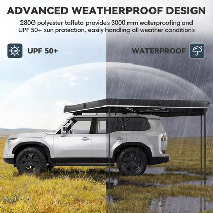 EROMMY 270 Degree Car Side Awning with Built-in LED Light, Fan-Shaped Wide Coverage for SUV, Van, Camper and Truck, Waterproof Overland Camping Shelter