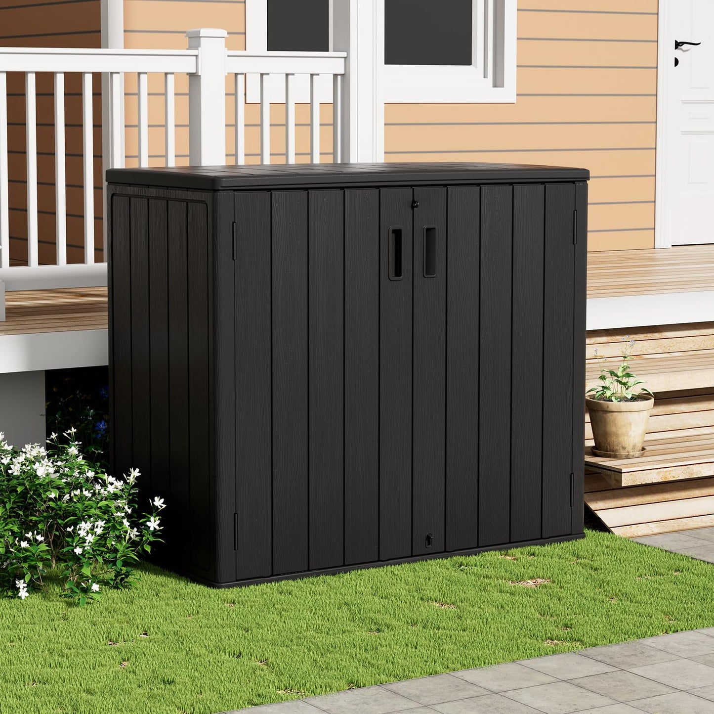 ZZM 37 Cu.ft Outdoor Storage Shed Double-Wall HDPE Storage Cabinet, Waterproof Plastic Sheds with Floor Horizontal Lockable Garden Tools Trash Can, Lawn Mower, Bike Storage, Black