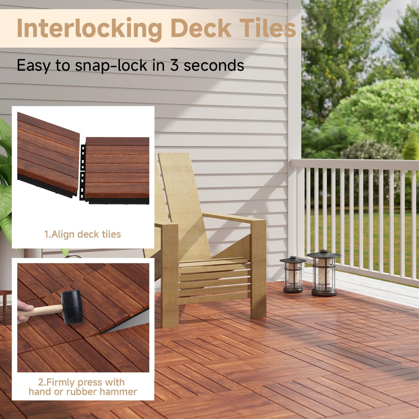 Rovibek Acacia Wood Interlocking Deck Tiles, 30PCS 12"x12" Outdoor Waterproof Decking Tiles, All Weather Use for Balcony Patio Backyard Poolside, Indoor & Outdoor, Striped Brown
