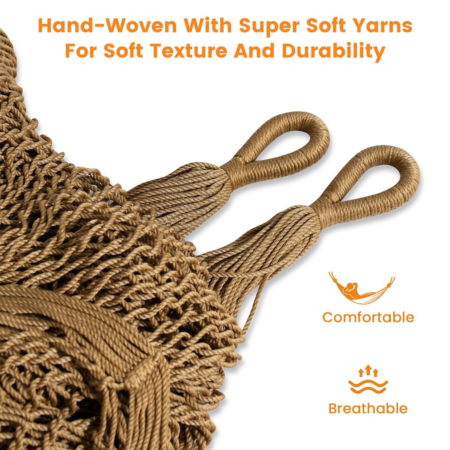 Lazy Daze Hammocks Handwoven Mayan Hammock with Heavy Duty Steel Stand, 10.5 FT Soft Rope Double Hammock for Patio Outside, 550 lbs Weight Capacity, Tan