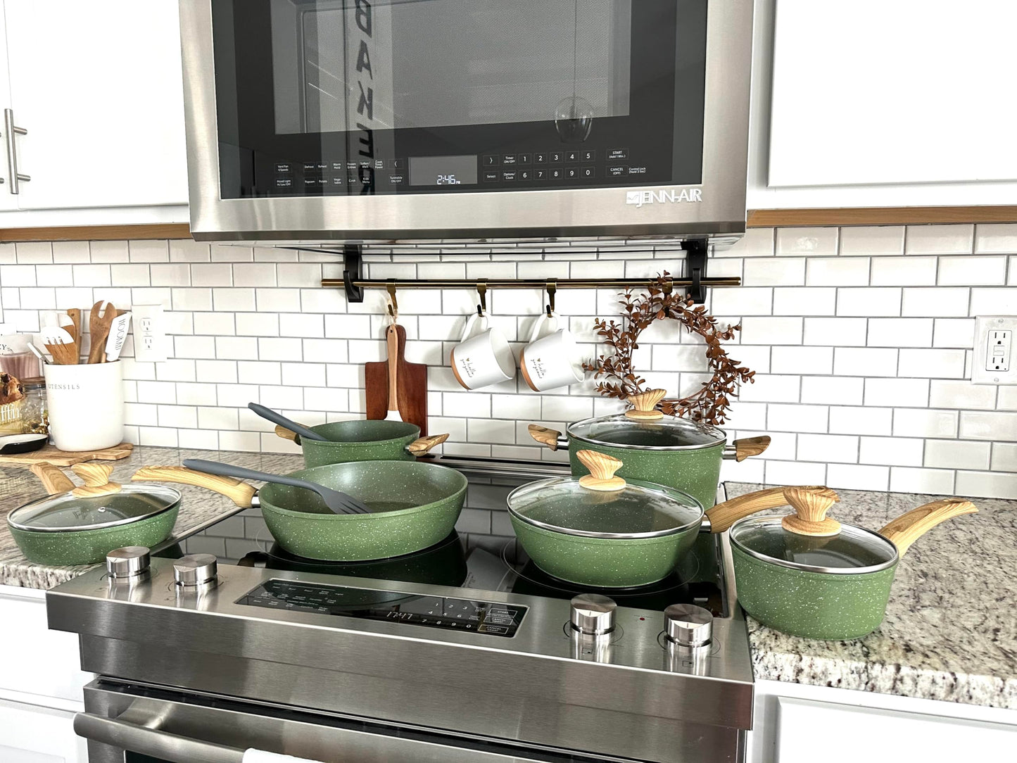 MAISON ARTS Pots and Pans Set Non Stick, 12 Piece Green Granite Kitchen Cookware Induction Compatible, Cooking Sets Pots and Pans Nonstick