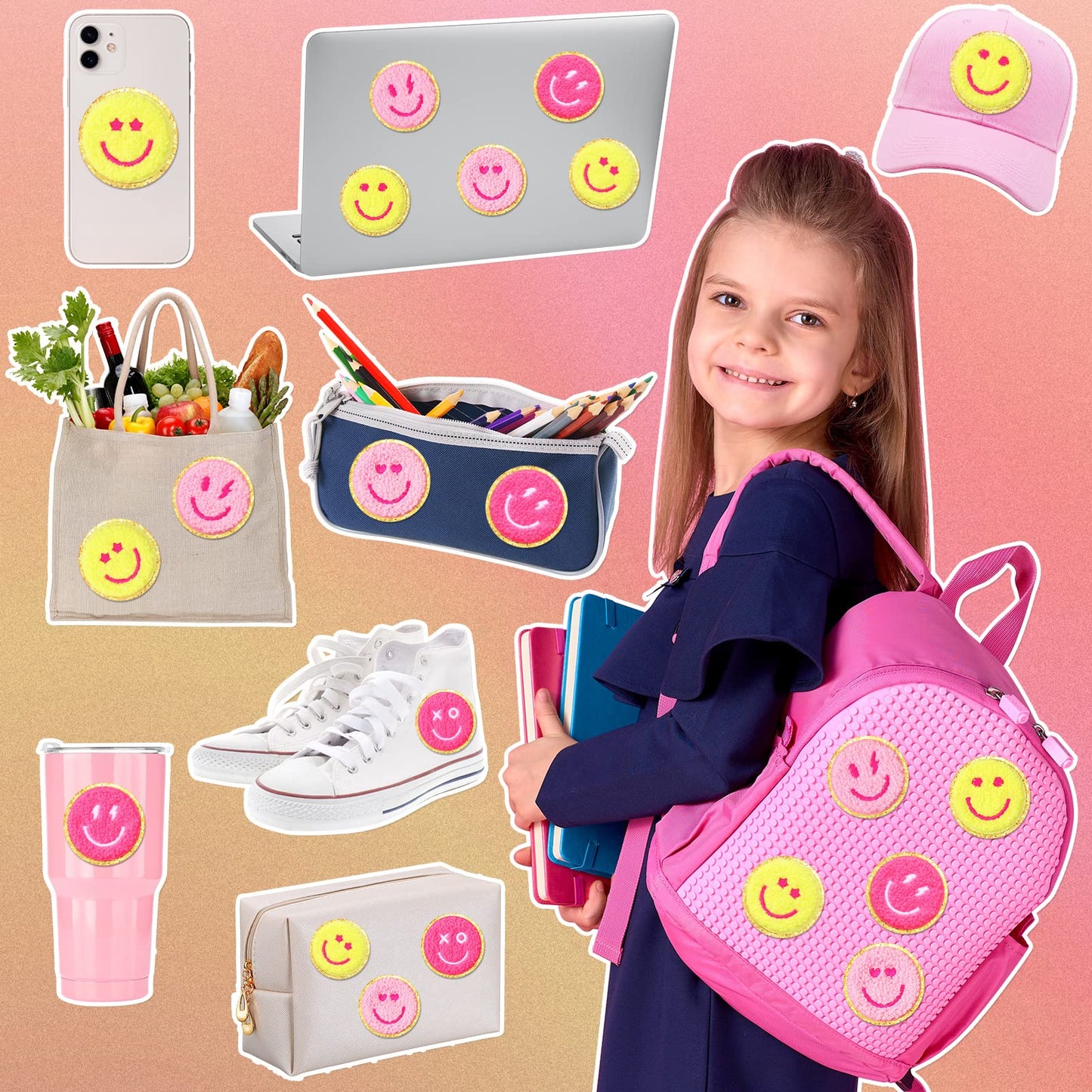 48 Pcs Happy Face Iron on Patches Self Adhesive Smile Face Patch Glitter Chenille Preppy Patches for Hats Backpacks Jackets Dress Clothes DIY Craft Decorative Embroidery