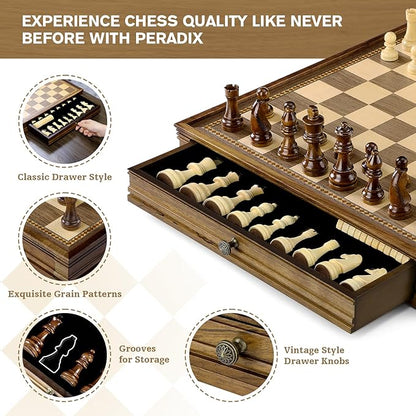 Peradix Magnetic Chess Checkers Board Sets with 2 Built-in Storage Drawers12.8 Classic 2 in 1 Wooden Games with 2 Extra Queens for Kids and AdultsTravel Portable Chess Game Set