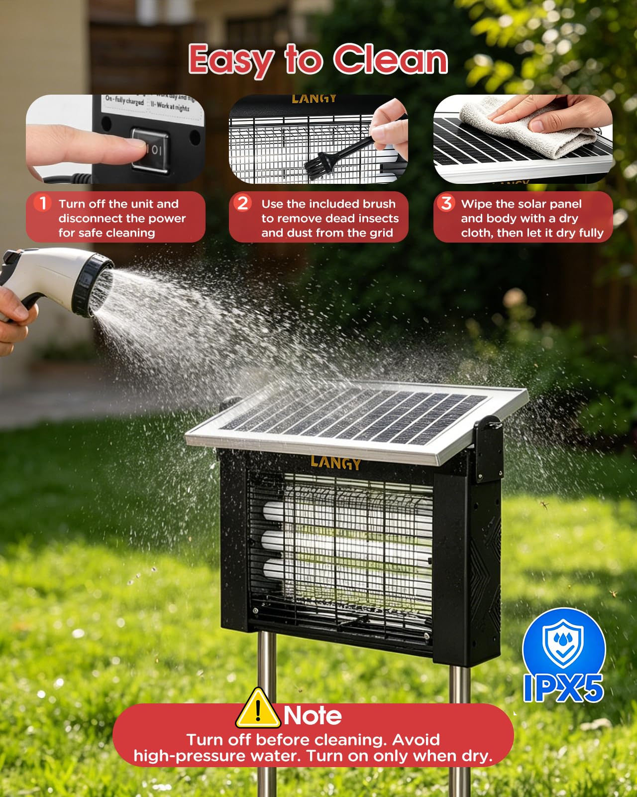 LANGY 10W Solar Bug Zapper Outdoor Waterproof, Upgrade 3-Tube 365nm Mosquito Zapper Solar Powered, Rechargeable 4500V Electric Cordless Fly Zapper Mosquitos Trap Auto On/Off for Yard Patio Camping