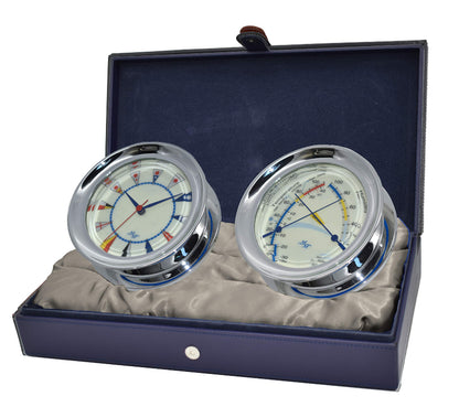 MASTER-MARINER American Voyager Collection, Nautical Windlass Gift Set, 5.85” Diameter Clock and Comfort Meter Instruments, Chrome Finish, Ivory Signal Flag dial