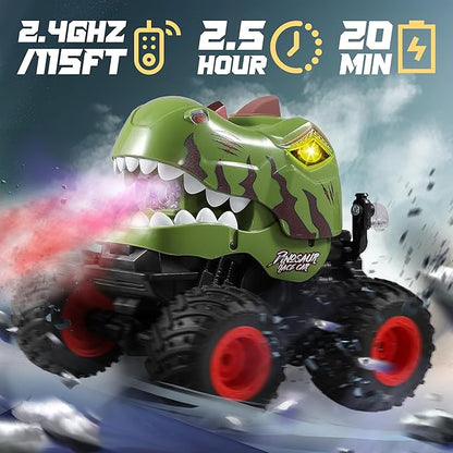 BEZGAR Monster Truck Toys - Remote Control Monster Truck with Spray Light Music Dinosaur Toys for Kids 1:20 Scale RC Truck with 360° Spins and Drifting Remote Control Car for Boys 4-7 Camo Green
