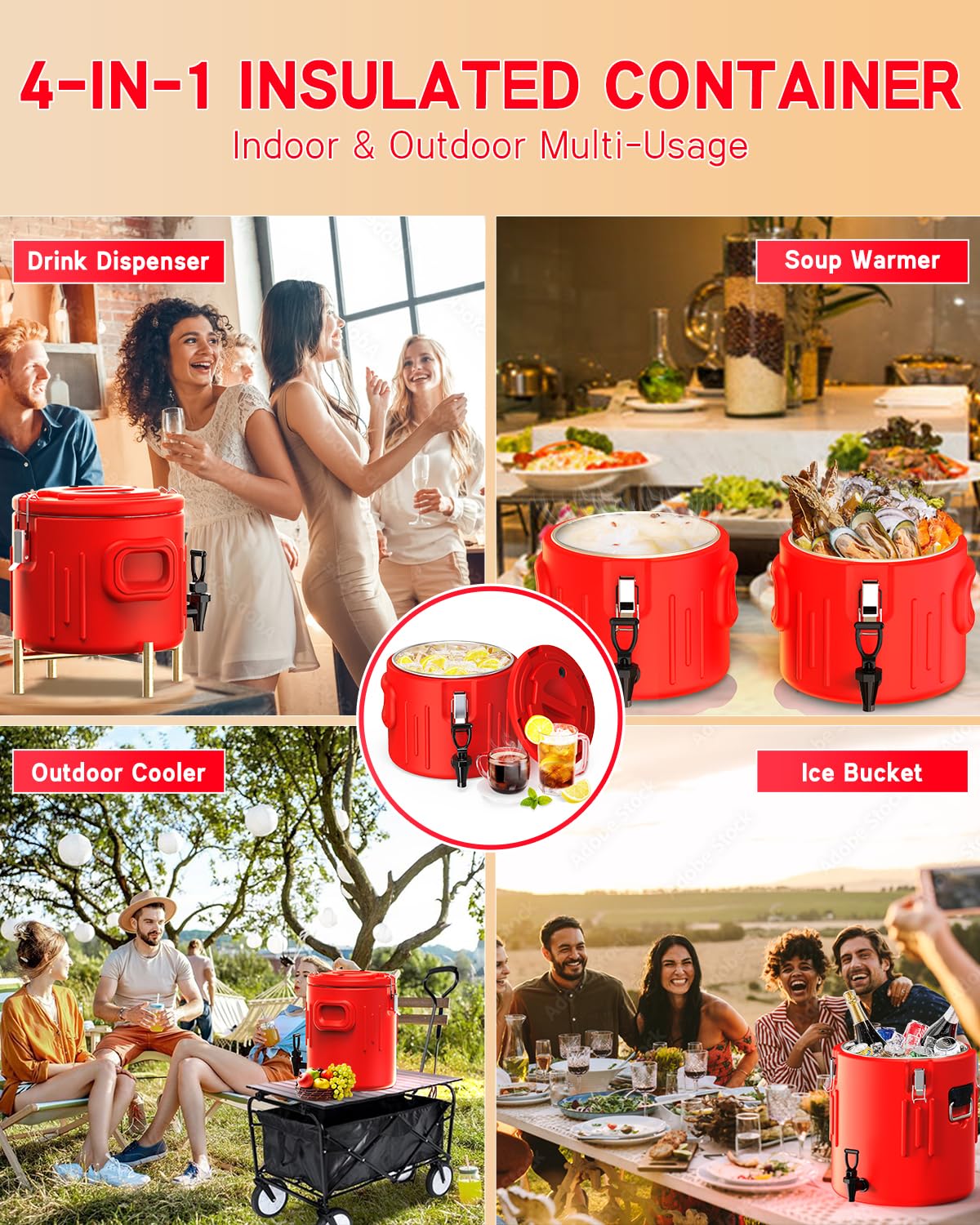 Insulated Beverage Dispenser 5 Gallon, Hot Drink Dispenser with 304 Stainless Steel Interior & Spout, Hot Water Dispenser for Parties, Portable Outdoors Water Jug for Camping Sports,N5