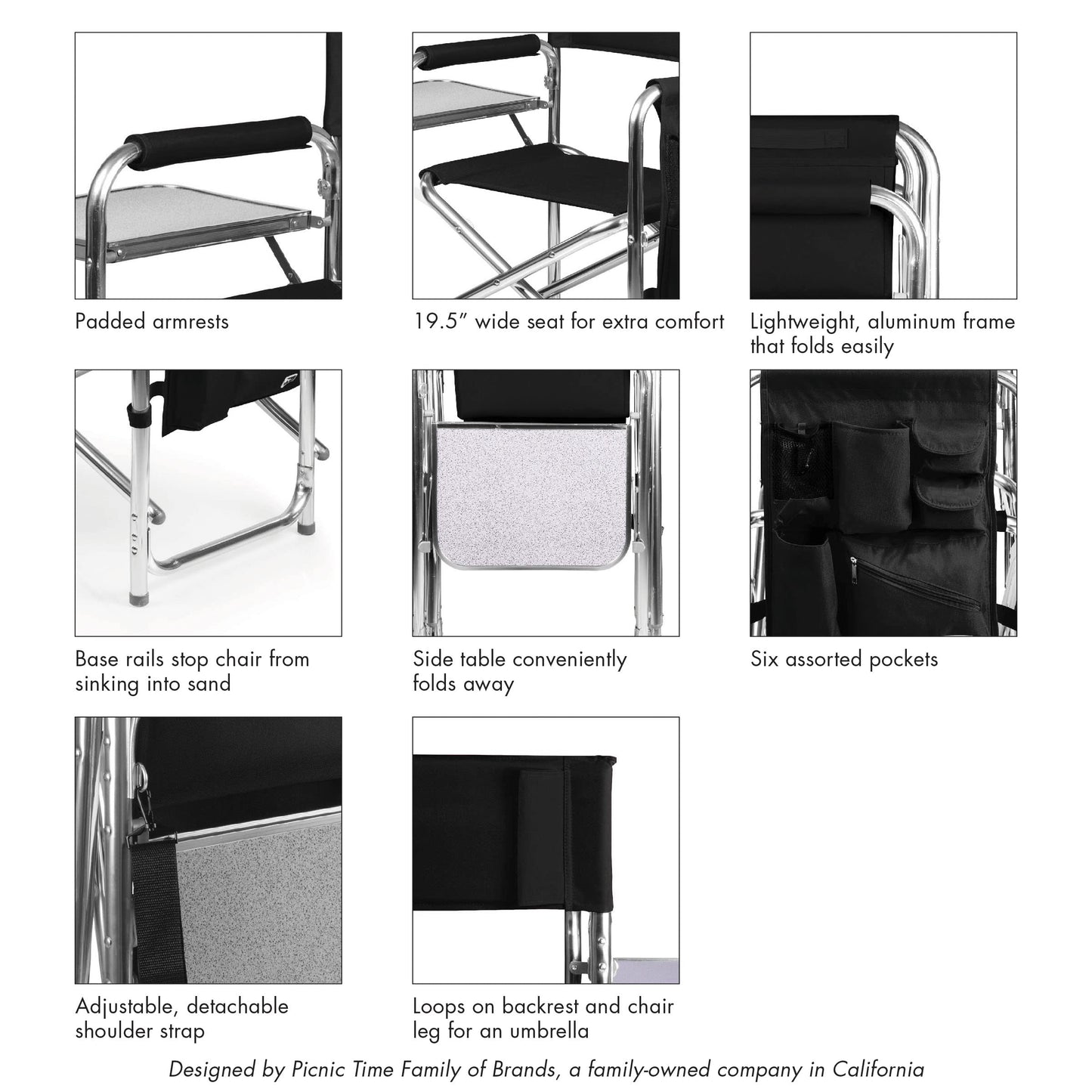 PICNIC TIME NFL Las Vegas Raiders Sports Chair with Side Table, Beach Chair, Camp Chair for Adults