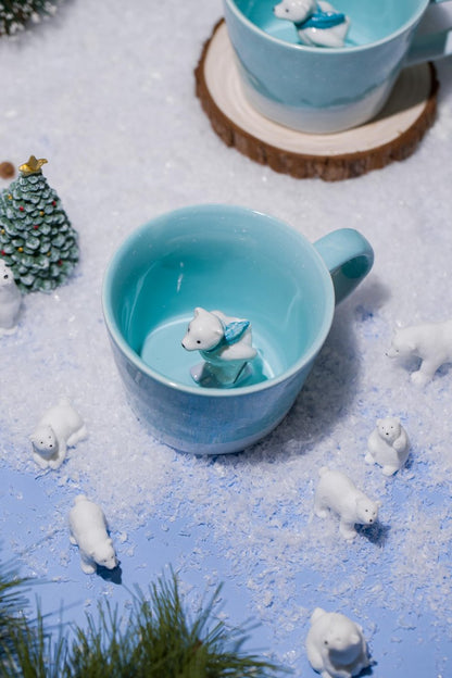 DIHOclub Skiing Polar Bear Ceramic Cup Hidden Animal Inside Mug Cute Cartoon Handmade Figurine Mugs,Holiday and Birthday Gift for Coffee Milk Tea Lovers,12 OZ(Blue White)
