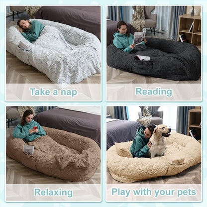 YAEM Pink Human Dog Bed, 71"x45"x12" Beds for Humans Size Fits You and Pets, Washable Faux Fur Bed People Doze Off, Napping Orthopedic Present Plump Pillow, Blanket