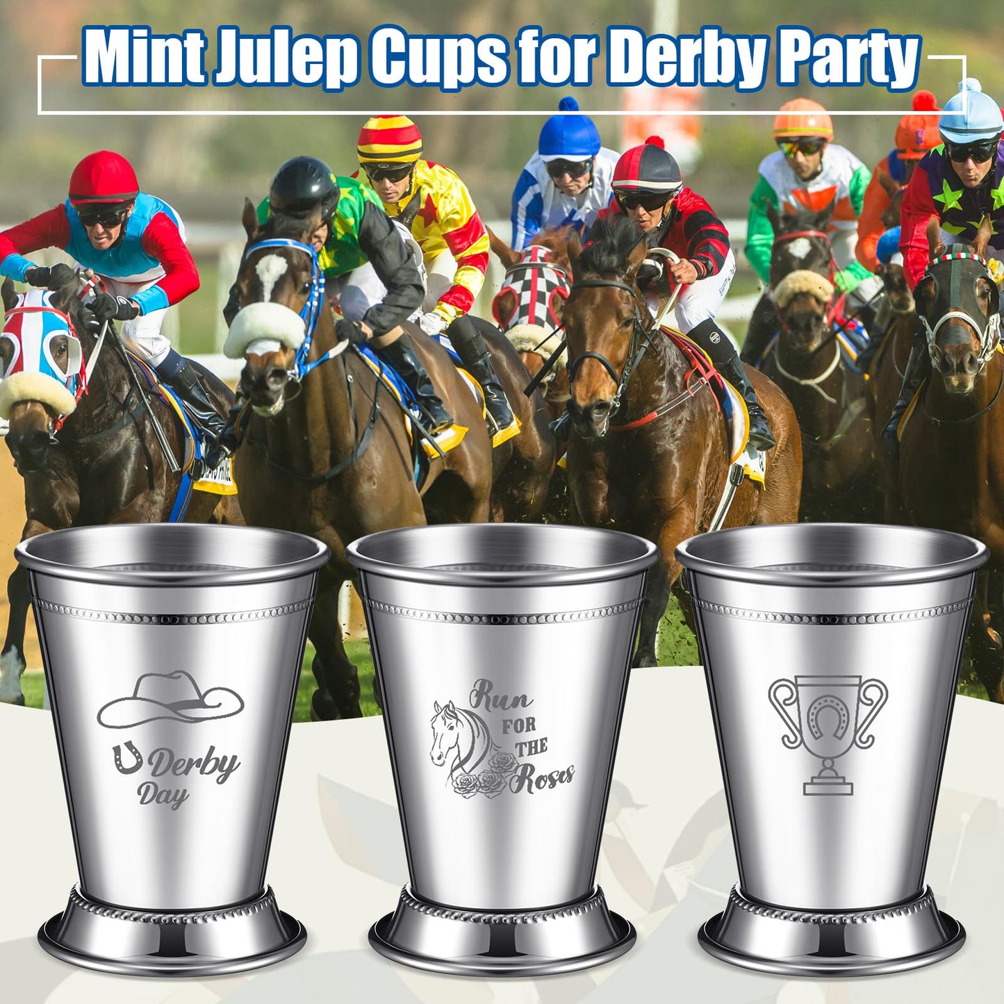 Ziliny 24 Pack Mint Julep Cups with Straws 12 oz Stainless Steel Drinking Cups Metal Cocktail Glasses Beaded Mint Julep for Horse Racing Derby Party Supplies